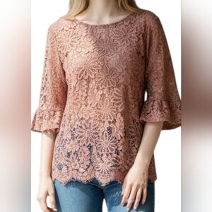Nanette Lepore Blush Pink Lace Top With Ruffled Sleeves Size Medium